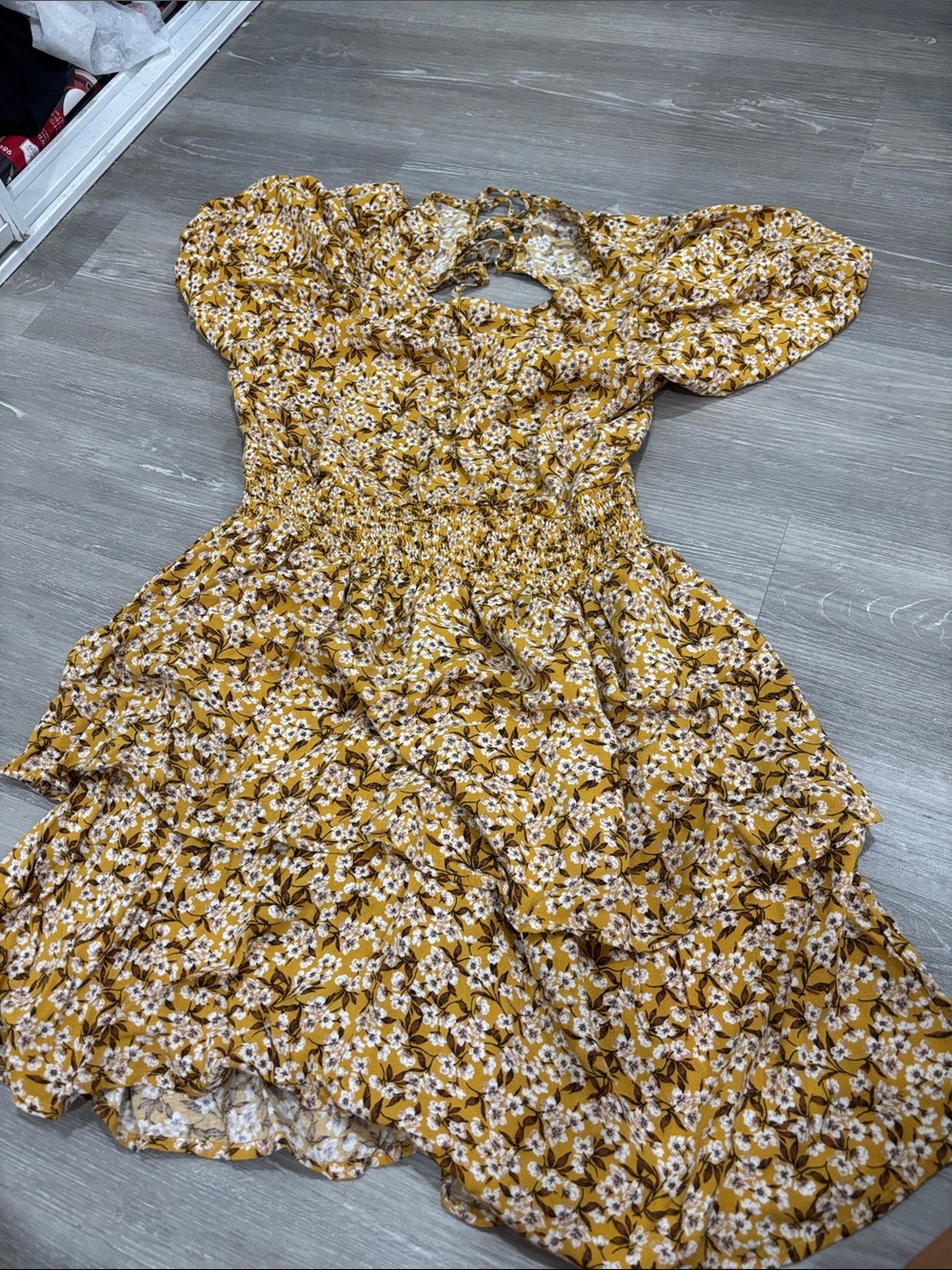 Mustard Floral Puff Sleeve Dress
